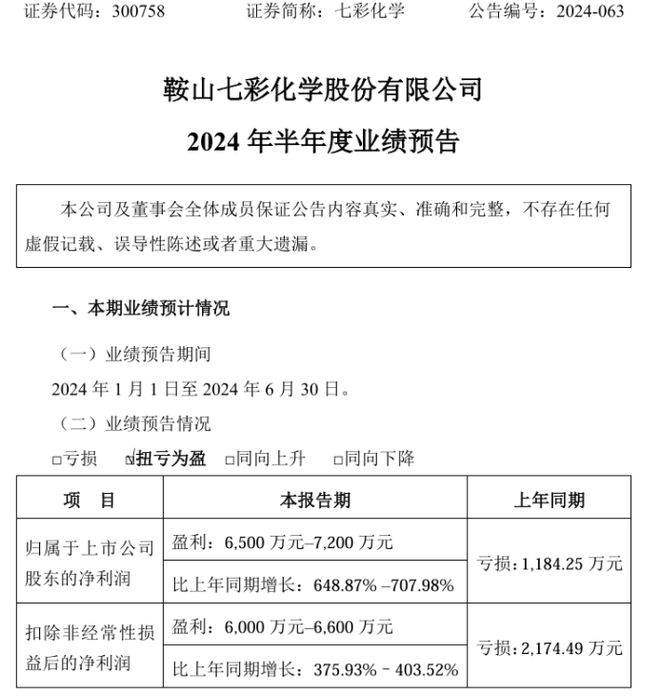 七彩化学2024年上半年预计净利6500万–7200万同比扭亏为盈高性能有机颜料产品产销量增长(图1)