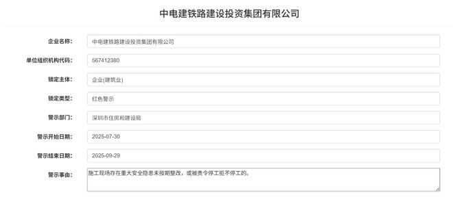 施工现场存在重大安全隐患电建铁路公司被深圳住建局通报(图1)