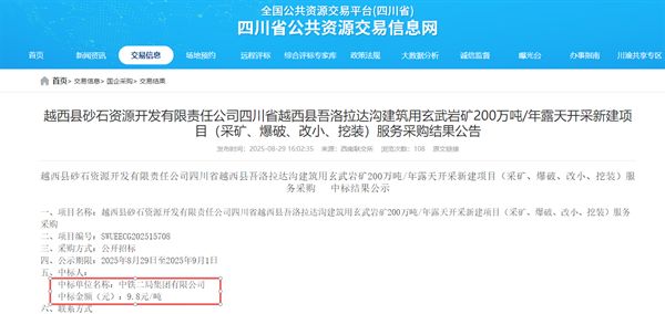 98元吨！中铁二局中标四川建筑用玄武岩矿露天开采项目(图1)